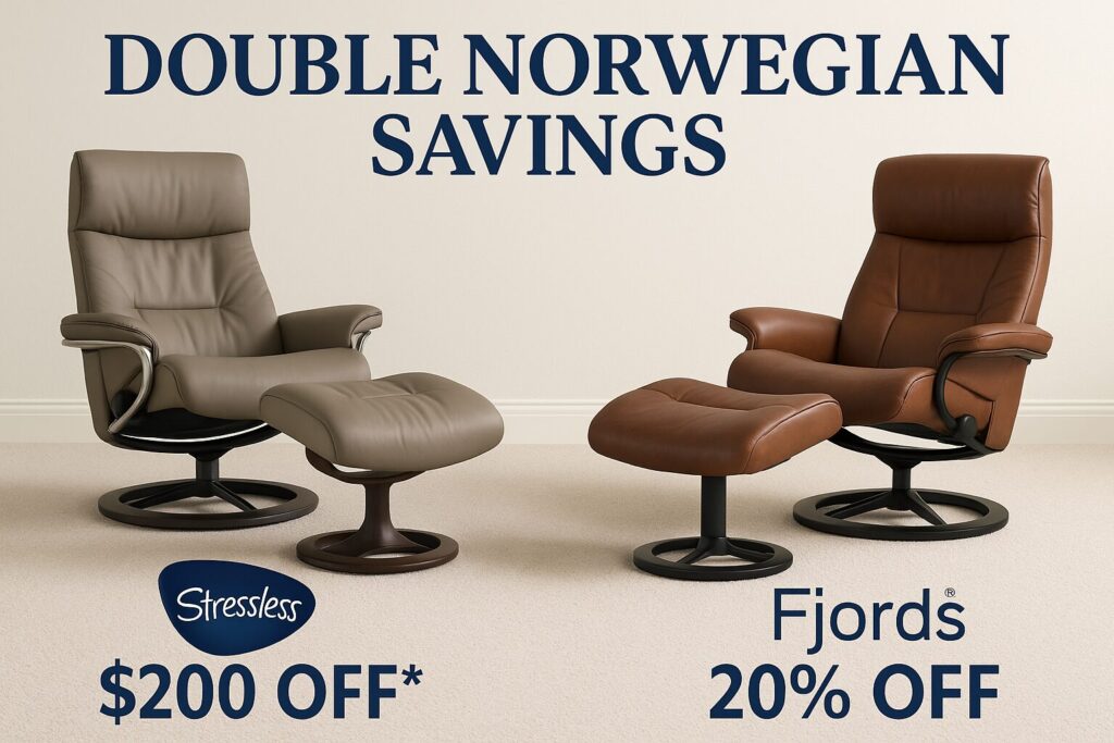 Stressless Wing recliner and Fjords leather recliner in Scandinavian living room – Double Norwegian Savings at Harrison’s Design + Furniture.
