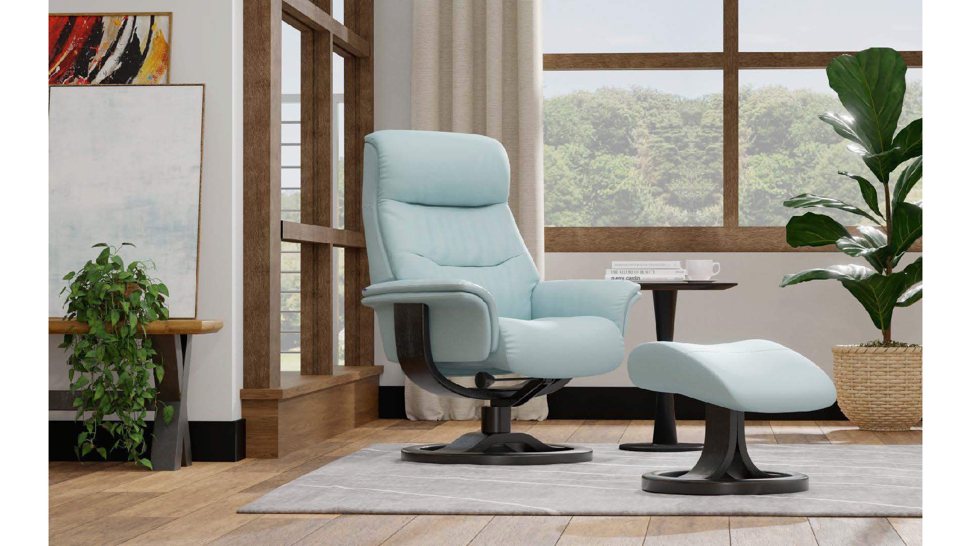 Fjords Annie recliner in ice blue leather, 20% off through October 12 at Harrison West.